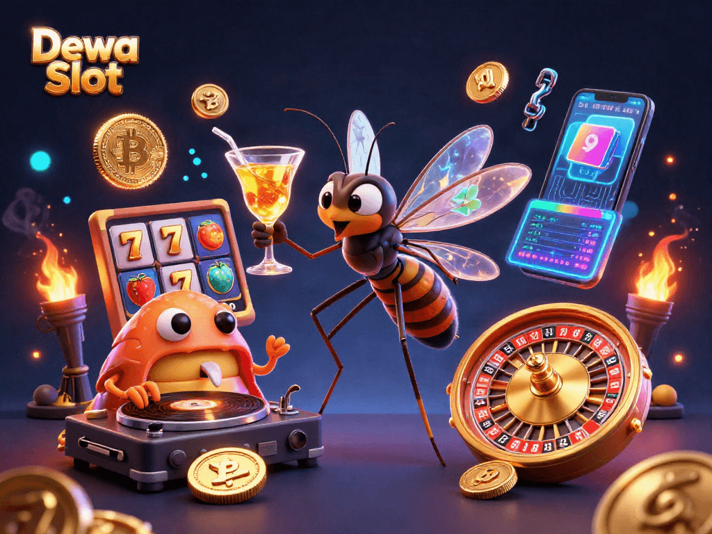Dewa Slot showcases a vibrant casino scene with animated characters and glowing crypto elements.