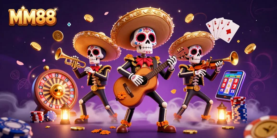 Experience the thrilling casino atmosphere at MM88 with a vibrant Day of the Dead mariachi scene.
