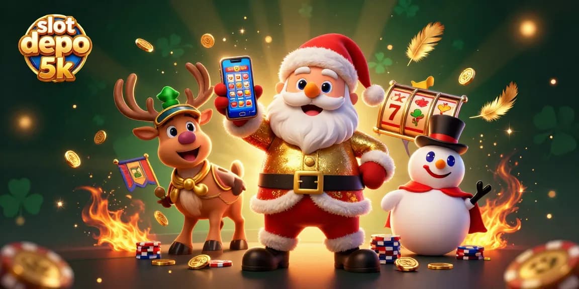 Experience the excitement of slot depo 5k with Santa and friends in a vibrant casino scene.