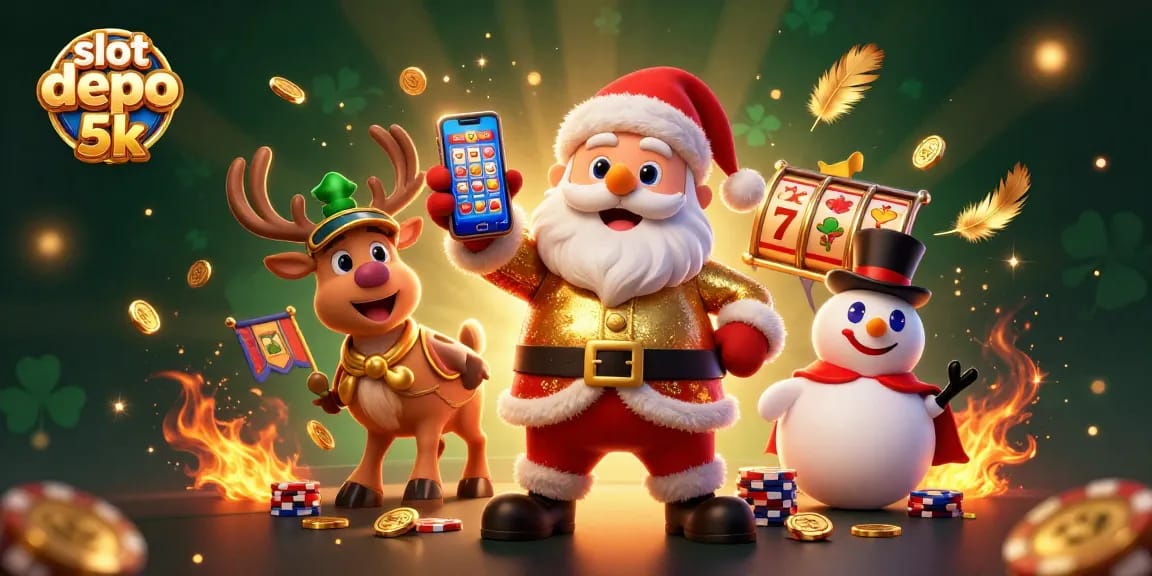 Experience the excitement of slot depo 5k with Santa and friends in a vibrant casino scene.