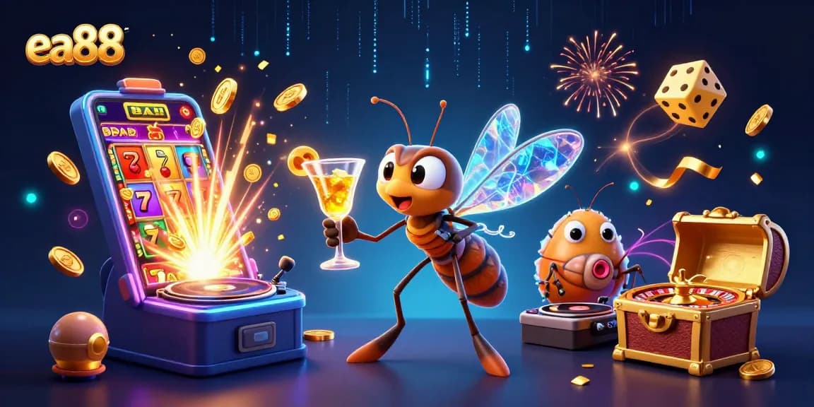 Enhance your gaming with ea88’s vibrant casino scene showcasing a dynamic 3D casino mascot and thrilling elements.