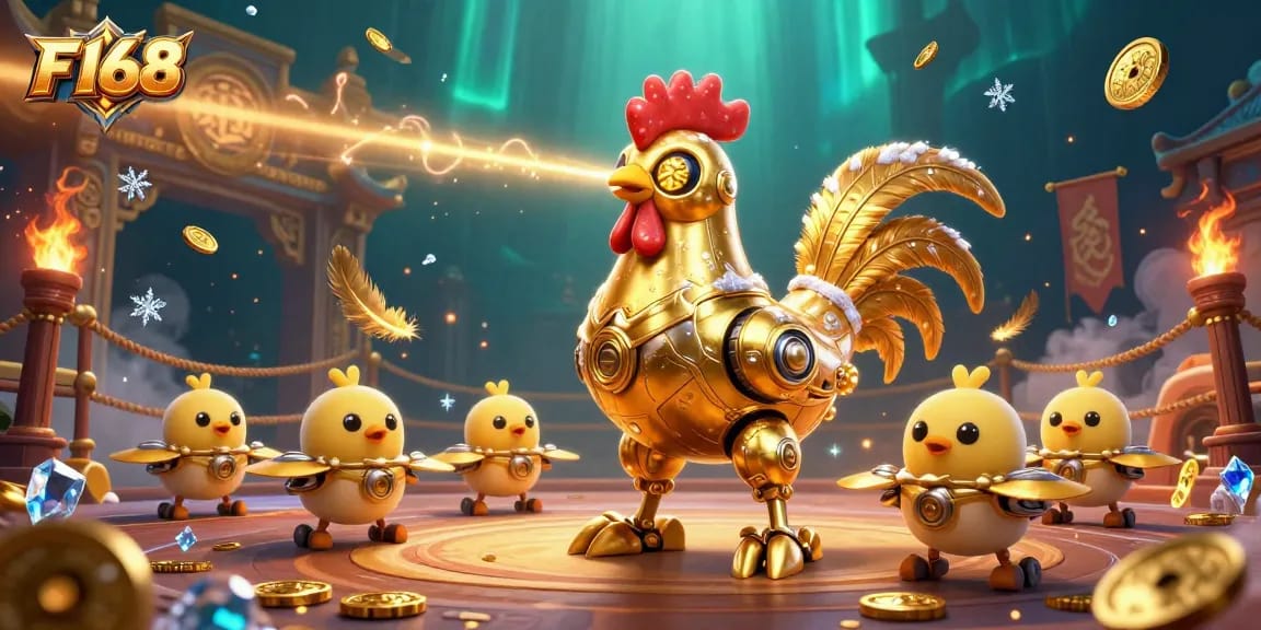 Experience thrilling gaming with F168's golden rooster robot and baby chick drones in a vibrant casino setting.