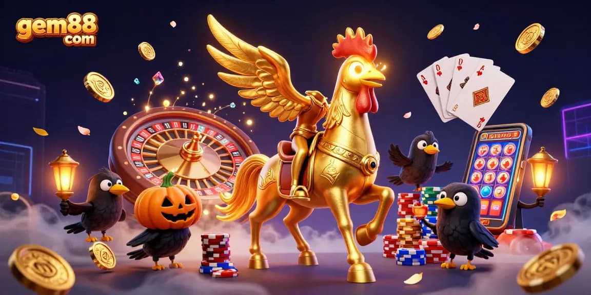 gamble at gem88 com with a vibrant casino scene featuring golden treasures, a golden rooster, and lively characters