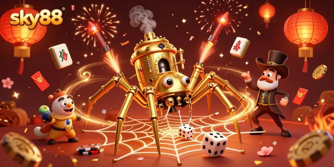 Engage with sky88's vibrant casino scene filled with steampunk elements and festive decorations.