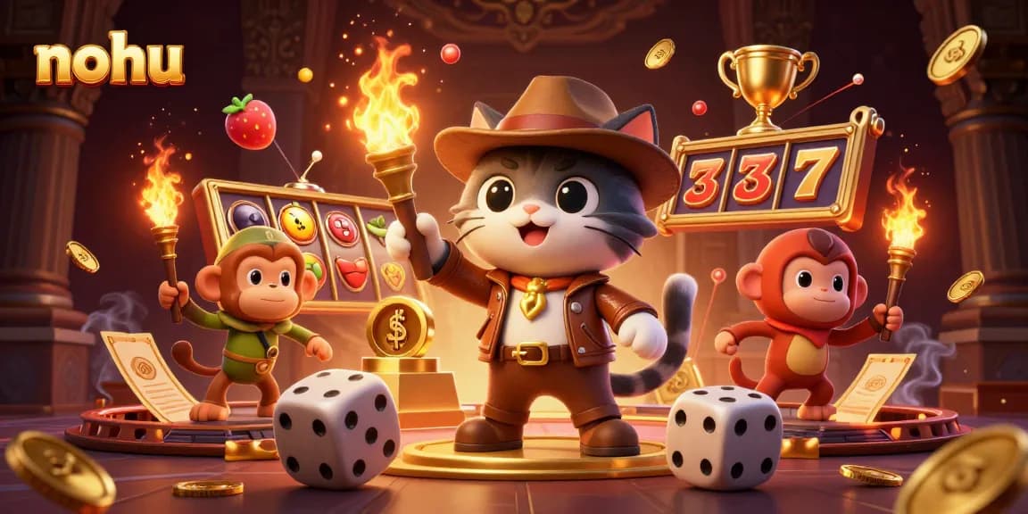 Nohu character explores a golden casino artifact, surrounded by dynamic gambling elements and vibrant visuals.