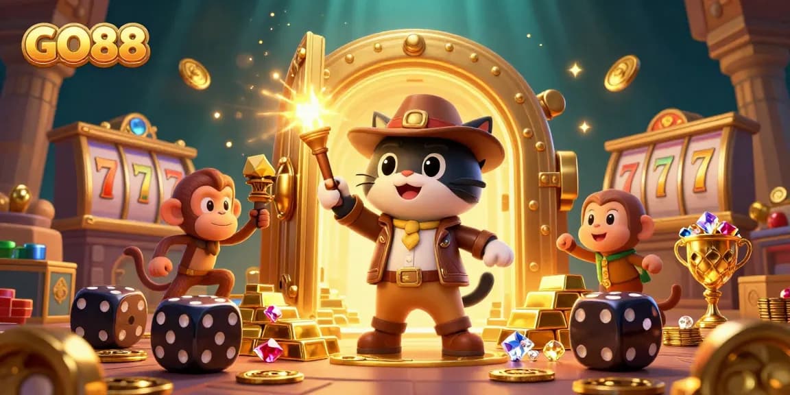 Engage in thrilling gameplay with GO88 at a vibrant casino scene featuring characters and elements