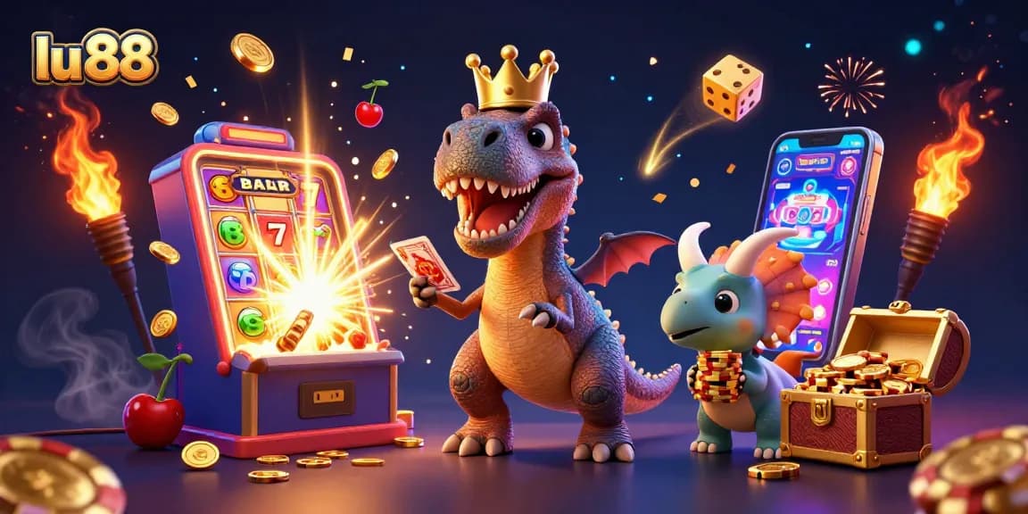 Join the fun at lu 88, where a friendly T-Rex shuffles cards amidst a burst of casino excitement!