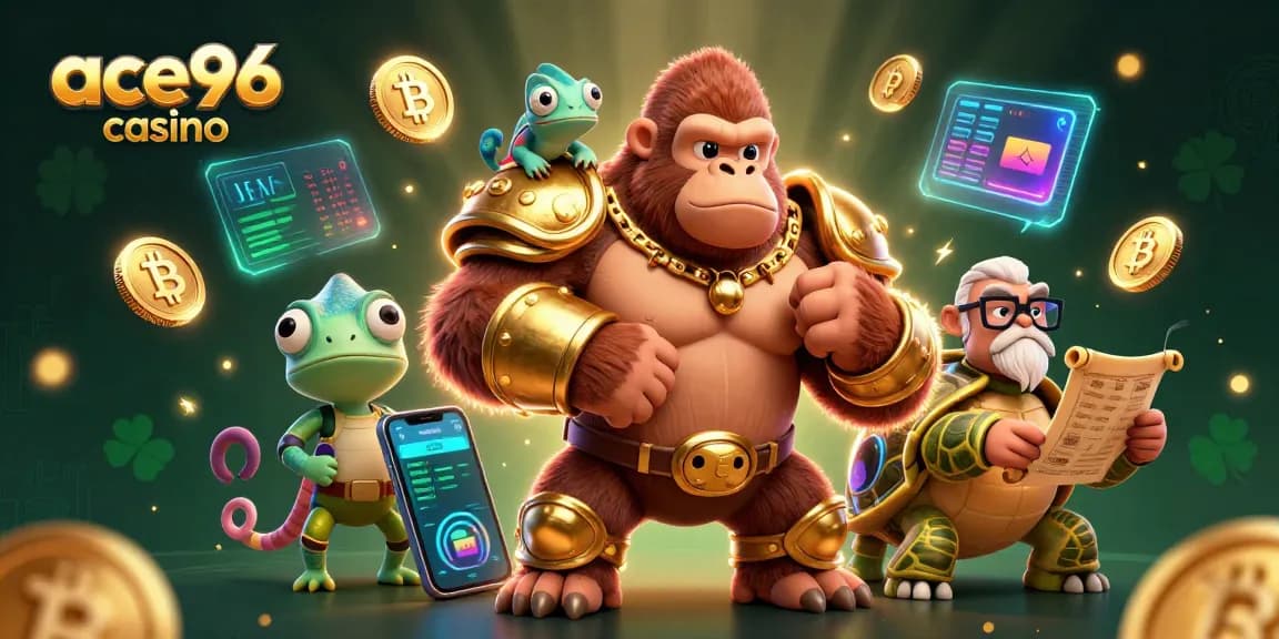 Engage with ace96 casino's thrilling experience featuring a gorilla king, chameleon, and tortoise elder.