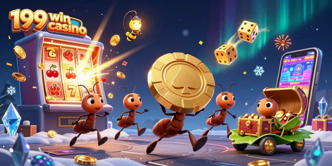 Experience the excitement of 199 win casino with a cartoon heist scene featuring ants, a firefly, and a grasshopper.