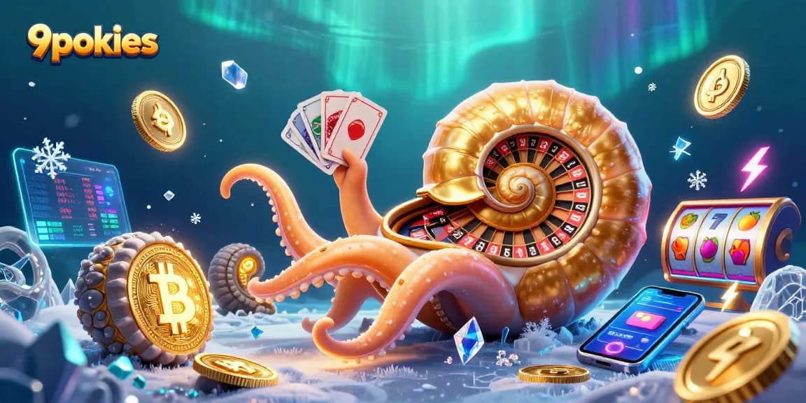 Experience 9pokies and a vibrant casino world with Bitcoin, Ethereum coins, and glowing elements.