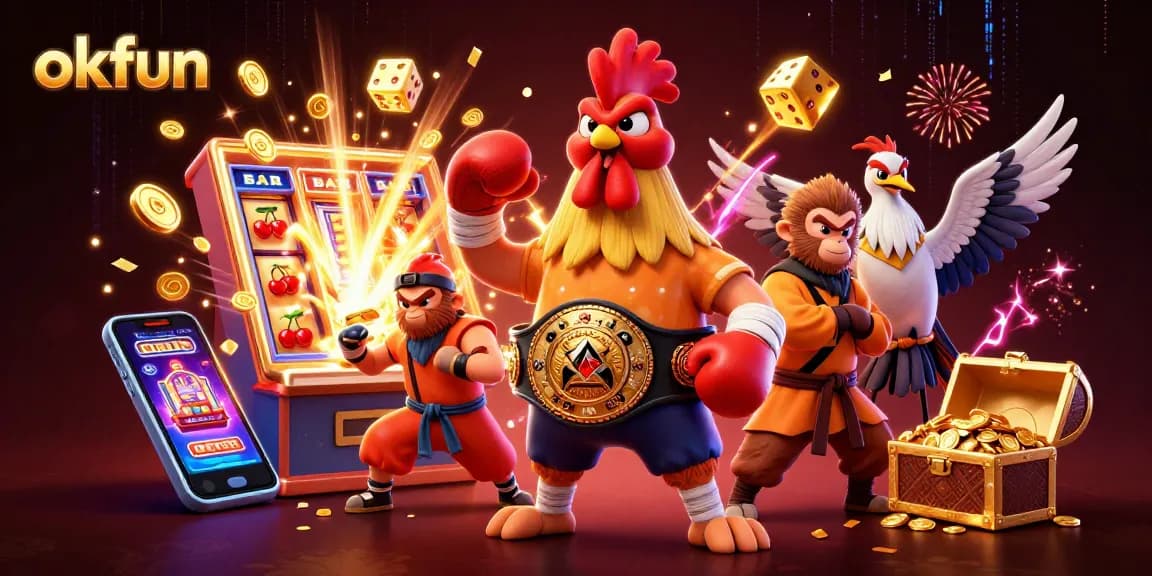 Experience thrilling jackpots with okfun's dynamic casino illustration featuring vibrant characters and rich gaming elements.