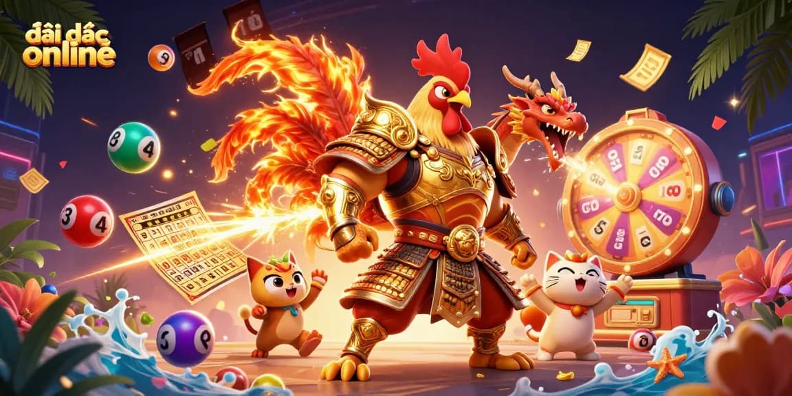 Play đại dịch xác sống online featuring a rooster warrior and dragon in an exciting casino scene.