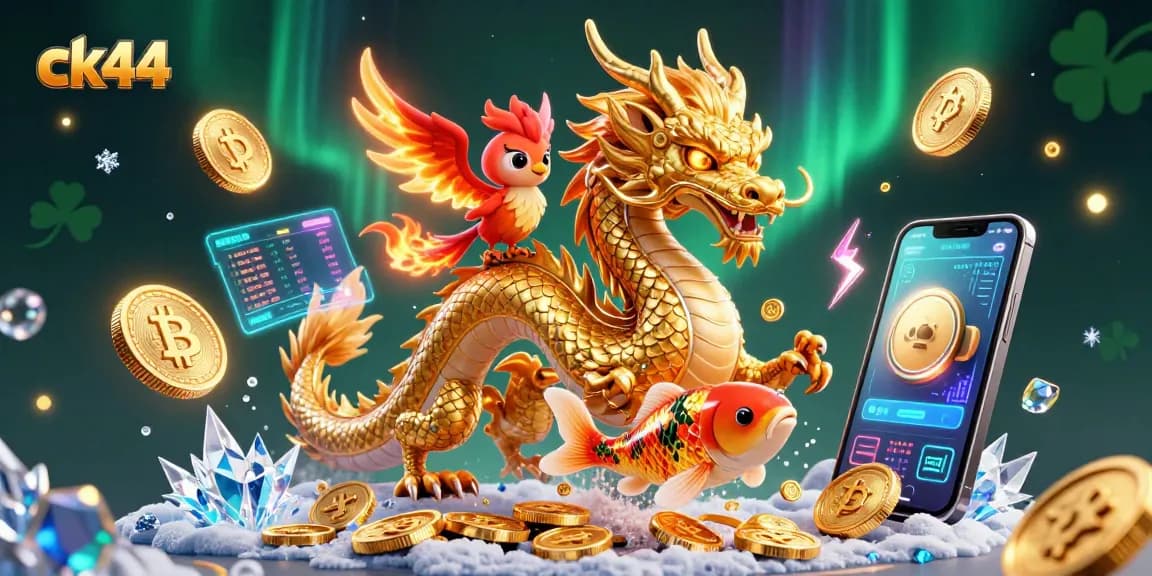 Experience exciting gameplay at ck44 with a fierce dragon, phoenix, and koi fish amidst glowing crypto elements.