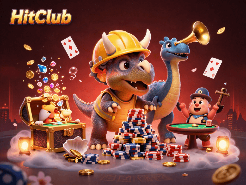 Join the excitement at HitClub as a triceratops builds a poker chip tower amidst underwater treasures!