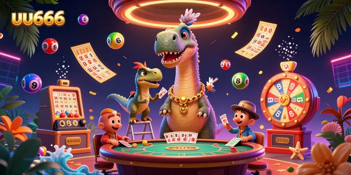 uu666 captures a vibrant casino scene with a playful dinosaur and dynamic gaming elements.
