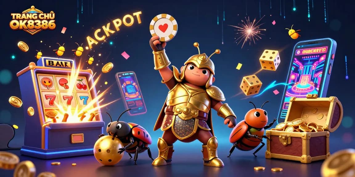 Experience thrilling wins on TRANG CHỦ OK8386 with a victorious hercules beetle and dazzling casino elements.