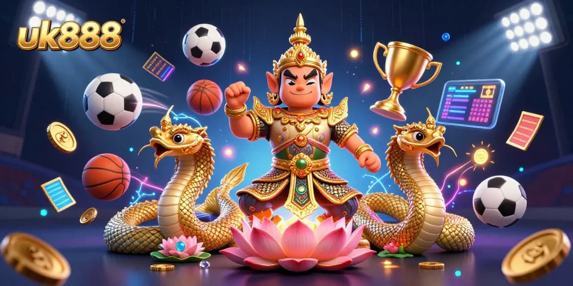 Bet and celebrate with uk888's thrilling sports gambling action, featuring fantastical characters and vibrant game elements.
