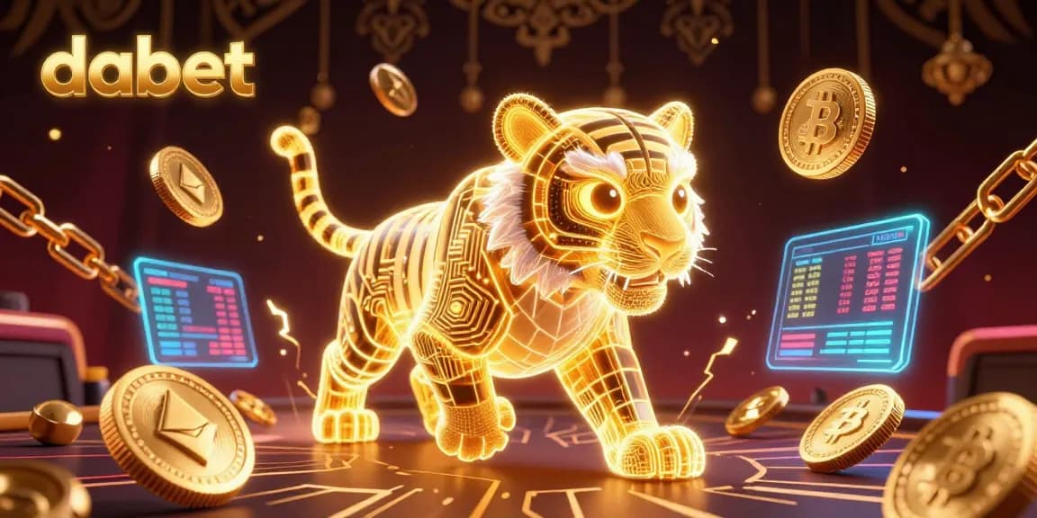 dabet brings an electrifying energy to a digital casino landscape filled with crypto elements and vibrant effects.