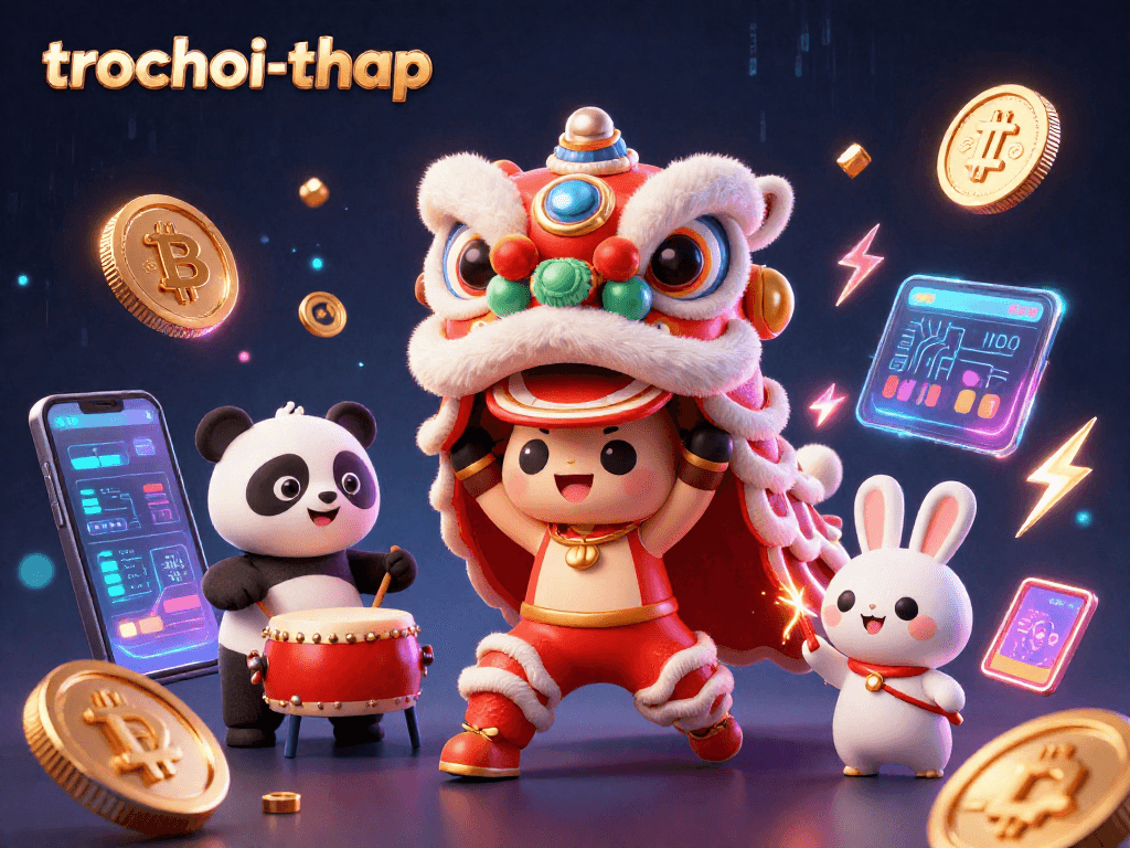 Join the action in trochoi-thap with vibrant characters celebrating while playing in a visually stunning scene.