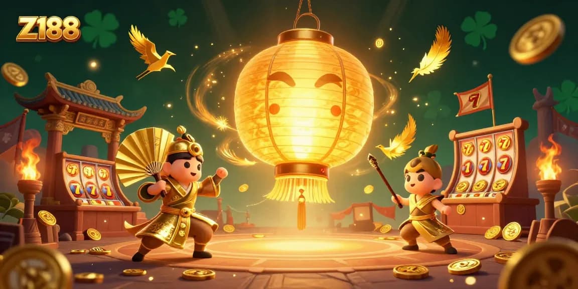Z188 players engage in vibrant slot games amid glowing spirits and golden lanterns in a dynamic casino scene.