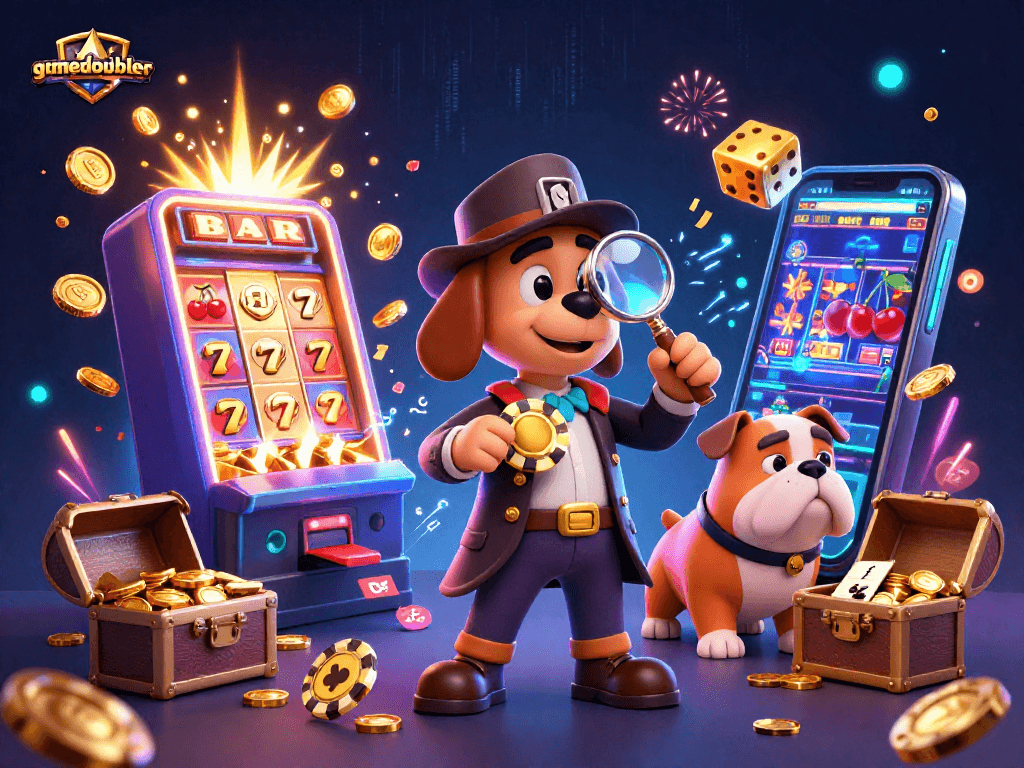 Experience the excitement of gamedoubler with a detective and bulldog uncovering casino treasures.