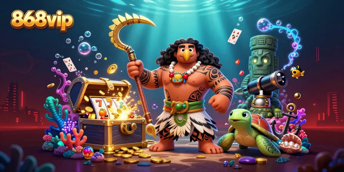 Engage with 868vip slots and treasures in a vibrant, underwater casino scene.