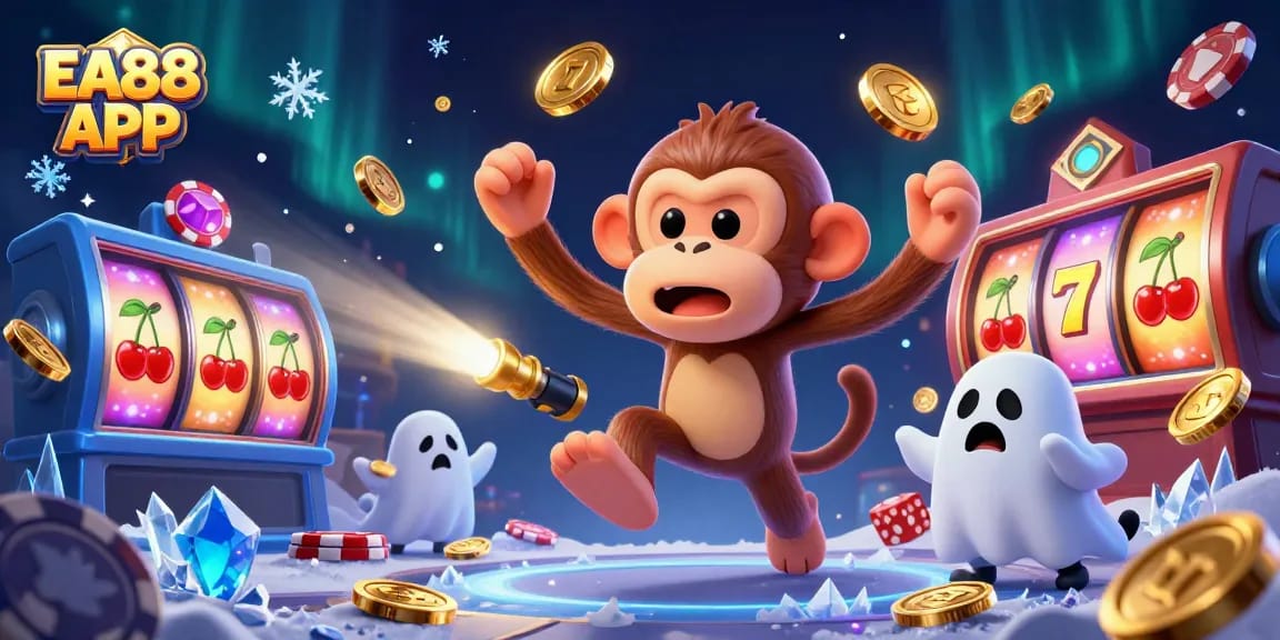 Engage with the EA88 APP in a lively casino scene featuring mischievous characters and exciting slot game elements.
