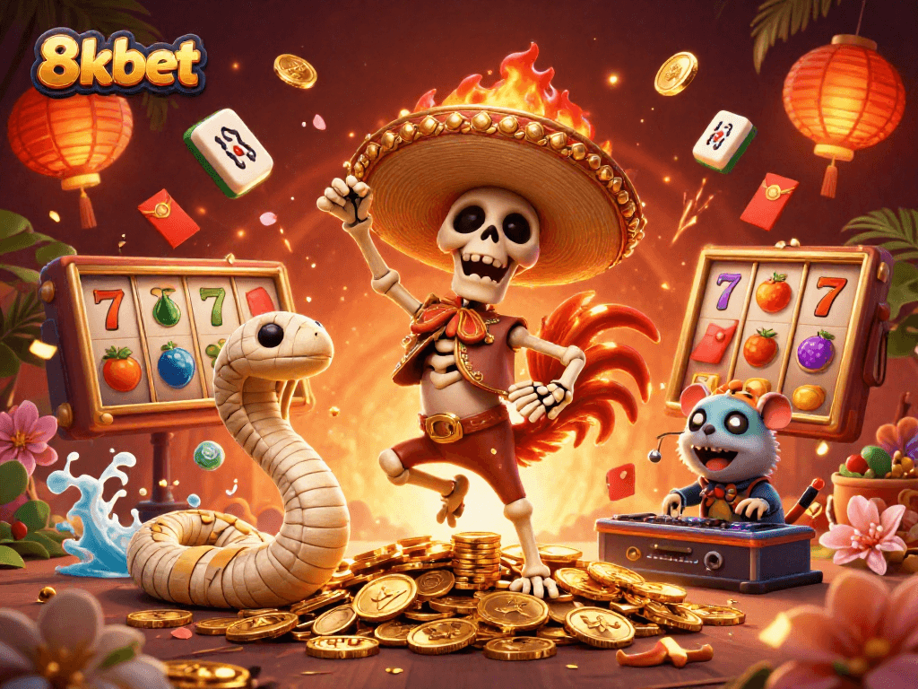 Join the fun at 8kbet with vibrant illustrations of thrilling slot games and exciting characters.