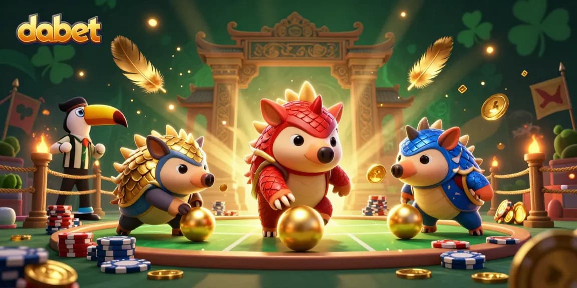 Dabet brings excitement with rival pangolins in a vibrant casino scene featuring poker chips and golden elements.