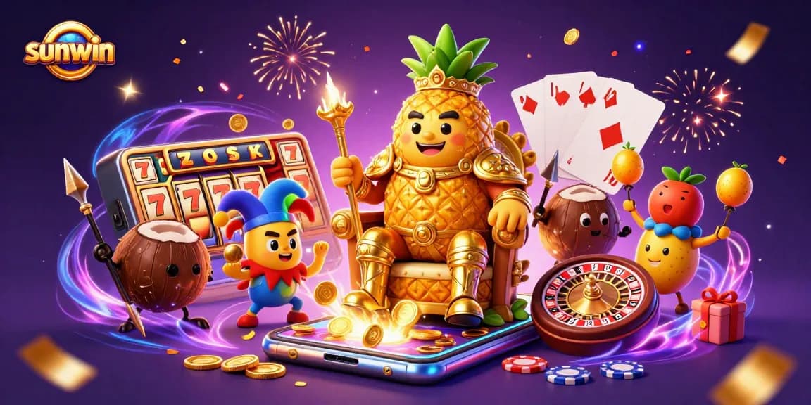 Spin the reels with sunwin, featuring a golden pineapple king and vibrant casino elements.