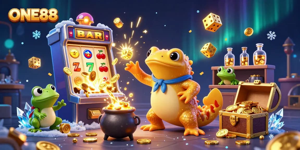 Experience the thrill of ONE88 with a 3D casino scene featuring alchemical gold transformations and vibrant slot machines.