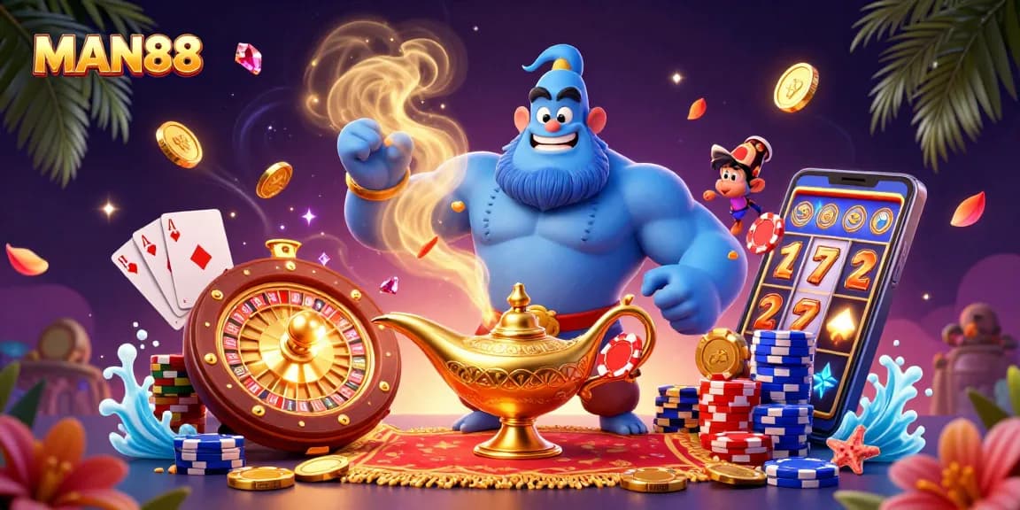 Experience the magic of MAN88 with a vibrant casino scene featuring a genie, poker chips, and more.