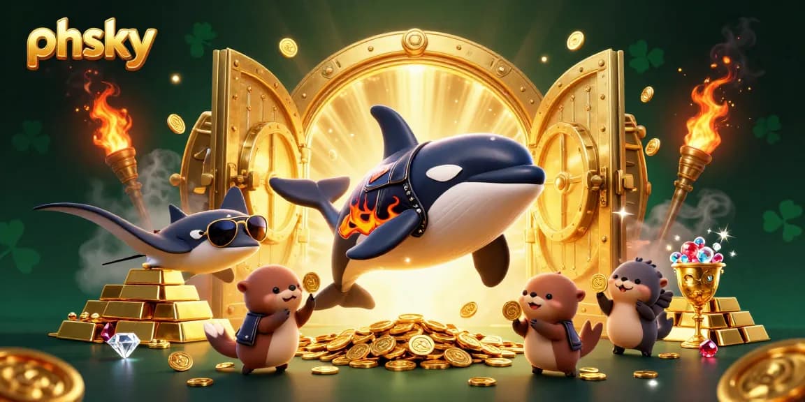PHSKY online casino features a dynamic scene with cartoon characters, gold treasures, and vibrant gaming elements for gamblers.
