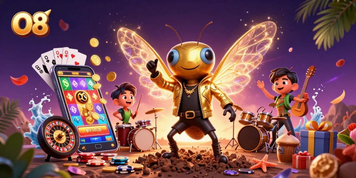O8's dynamic gaming scene features a rock star cicada amidst excitement, illustrating casino thrills.