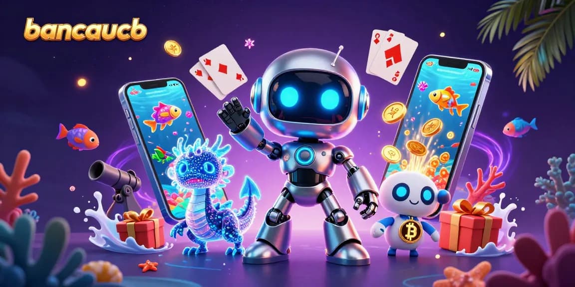 Engage in bancaucb with a vibrant 3D illustration of a cyberpunk robot and dragon, surrounded by thrilling fish shooting game elements.