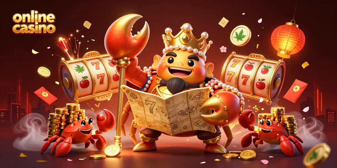 Engage in the online casino experience with a vibrant 3D illustration featuring a golden crab emperor and treasures.