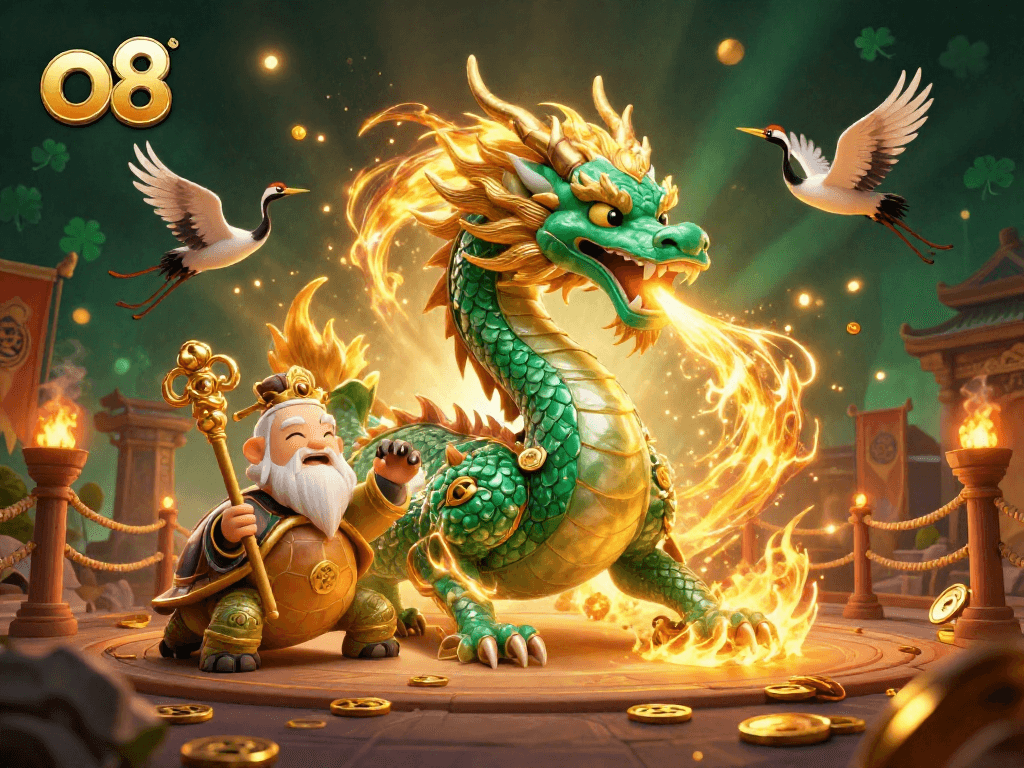 Play games at o8, featuring a stunning emerald dragon and lucky elements for winning opportunities.