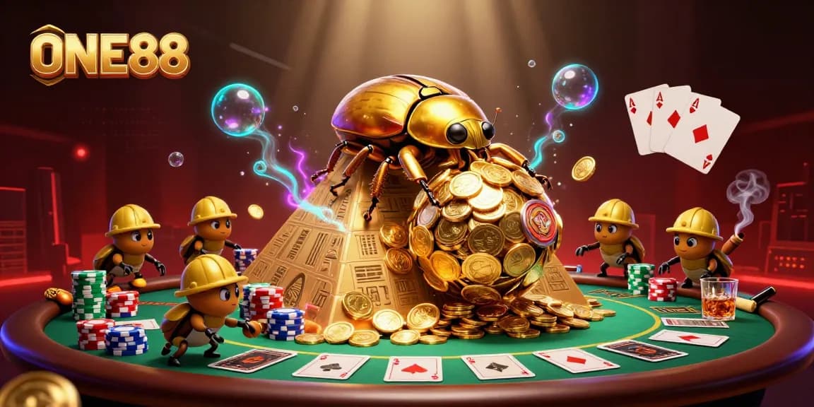 Experience the thrill of ONE88 with 3D golden beetles in a dynamic casino scene filled with poker and vibrant casino elements.