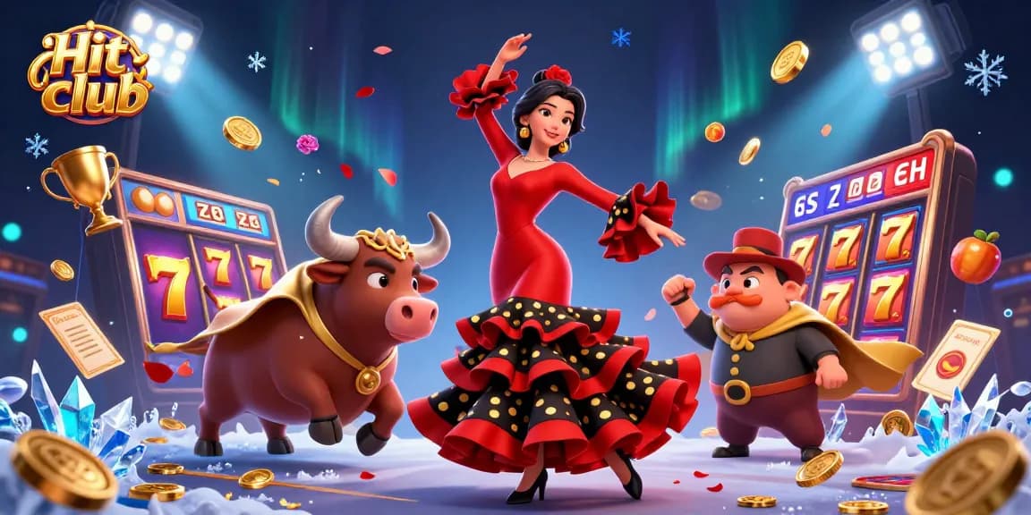 Hit club showcases an exhilarating scene with a glamorous flamenco dancer, jackpot slots, and dynamic casino elements.