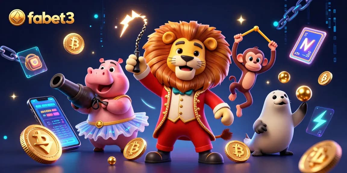 Experience fabet3 with an exciting circus-themed casino scene showcasing vibrant characters and cryptocurrencies.