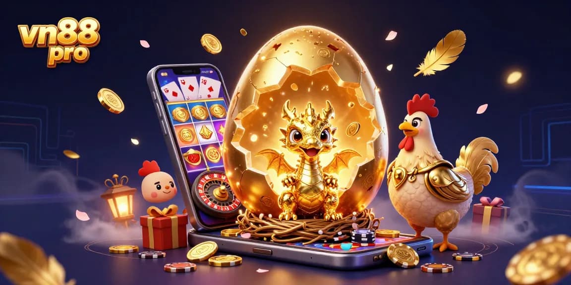 Experience winning fun at vn88 pro with a dazzling scene of golden dragon on poker chips, games, and vibrant casino elements.