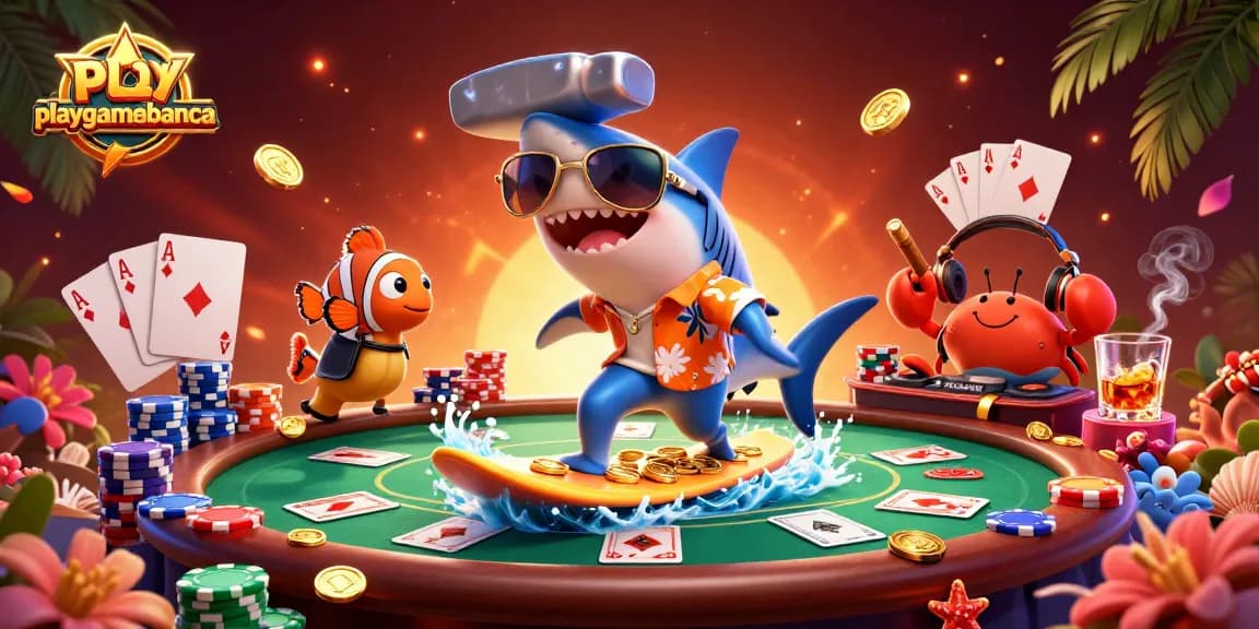 Engage with playgamebanca in a vibrant poker scene featuring a shark, clownfish, and crab.