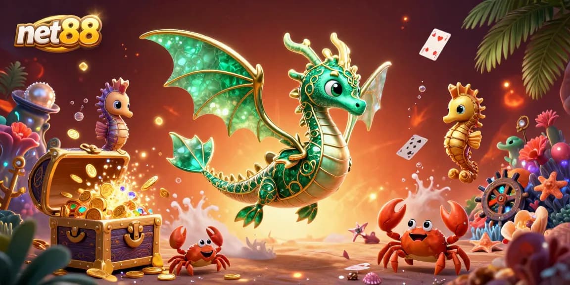 Experience the excitement of net88 as a vibrant sea dragon guards treasure amidst floating cards and shimmering gems.
