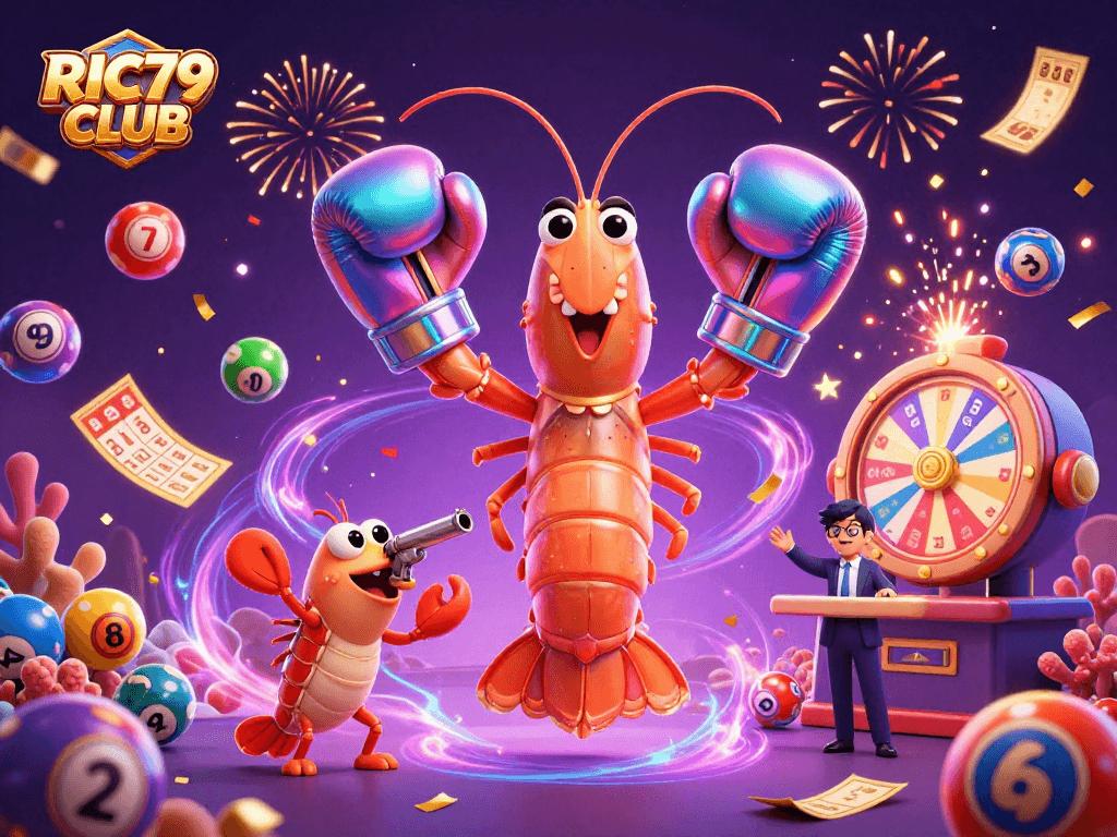 Experience excitement at RIC79 CLUB with animated lottery elements and lively characters!