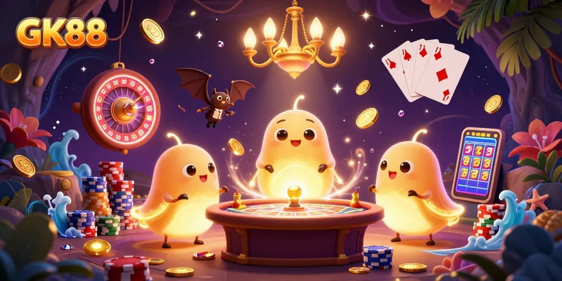 Experience GK88's vibrant cave casino illuminated by glowworms and festive game elements.