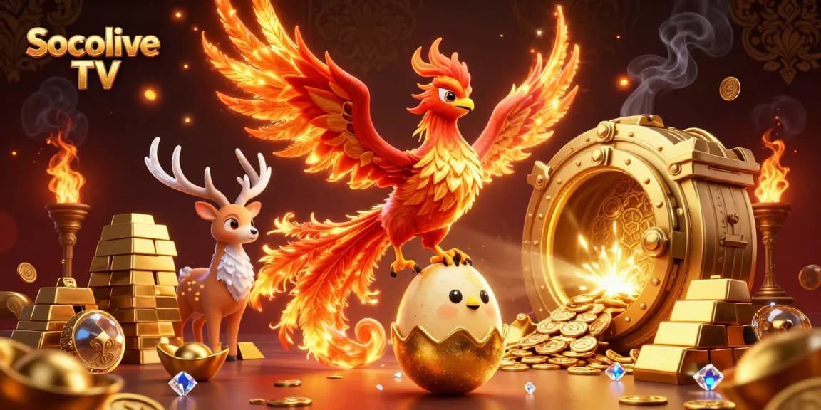 Socolive TV delivers a captivating live sports experience with dynamic imagery of its unique characters and gold elements.