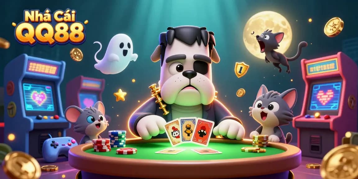 Engaging scene showcasing Nhà Cái QQ88 as a bulldog monster deals cards amid a playful gambling environment.