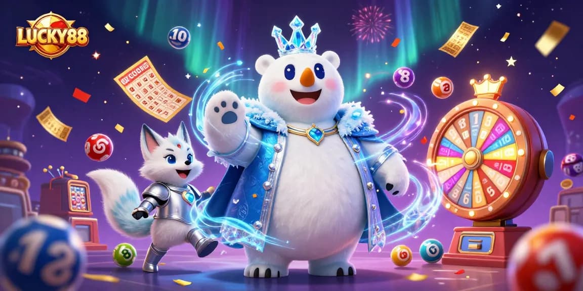 Experience LUCKY88 excitement with cartoon characters in a vibrant casino scene full of dynamic elements.