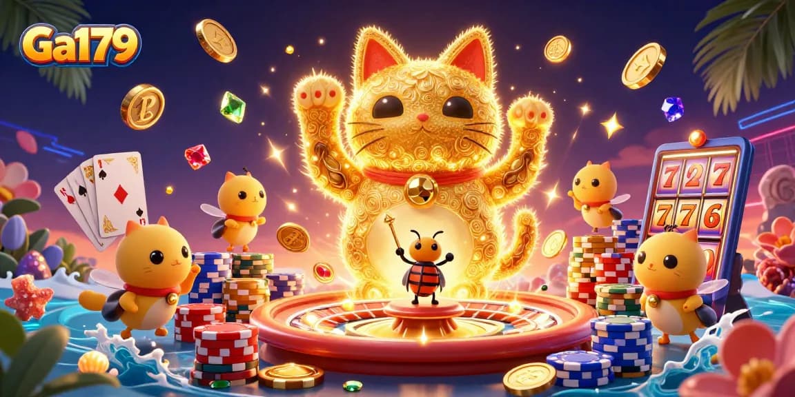 Ga179 showcases a giant lucky cat surrounded by casino treasures, igniting excitement for gamblers.