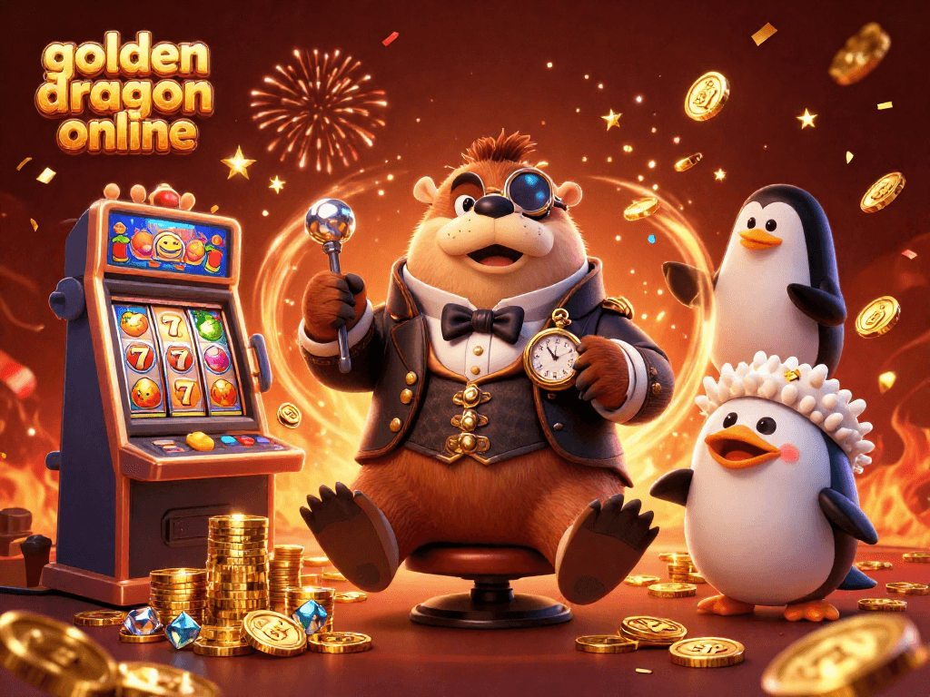 Experience thrilling gameplay with golden dragon online as a joyful walrus spins the slots.